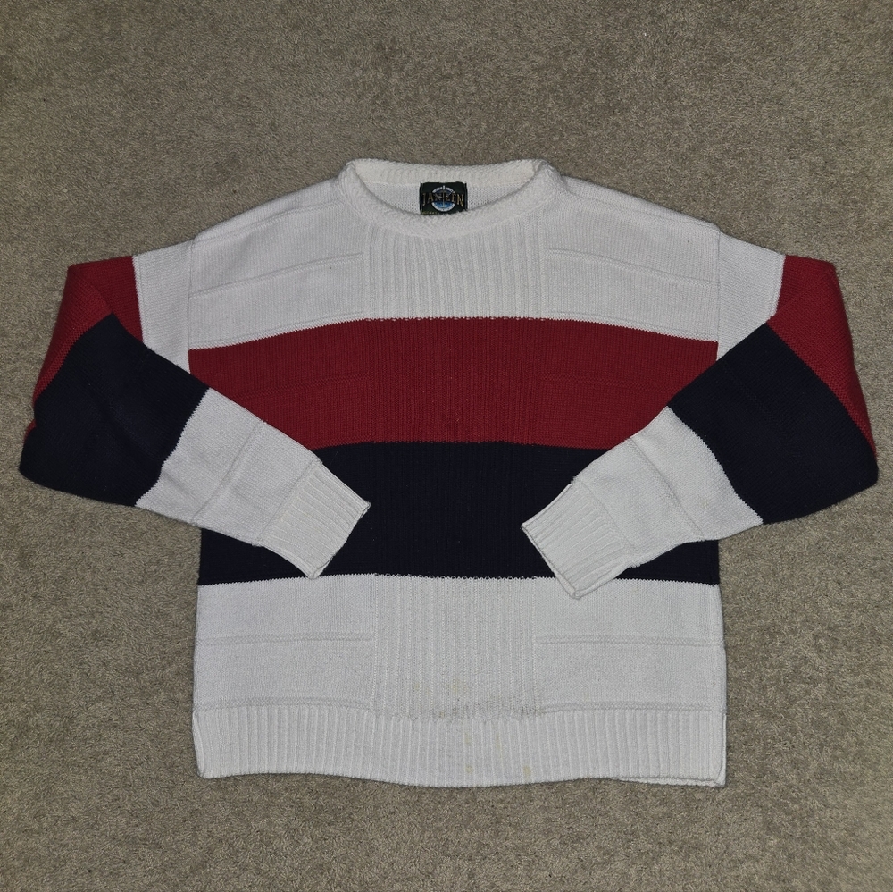 Vintage Jantzen Men's Cabel Knit Sweater in White, Red, and Blue Size L made USA
